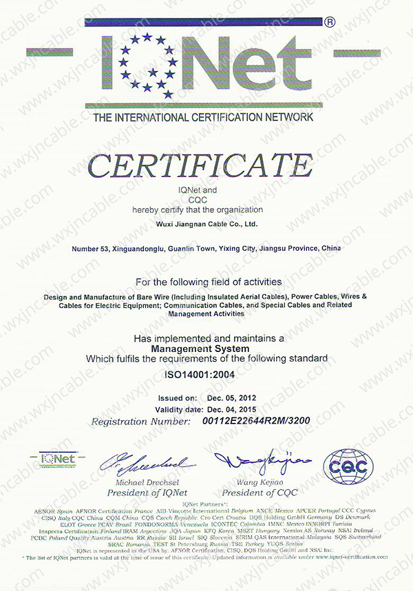 Certificate ISO 14001 IQNeT